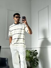 Yatay Bej Çizgili Penye Kumaş T-shirt