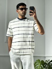 Yatay Gri Çizgili Penye Kumaş T-shirt